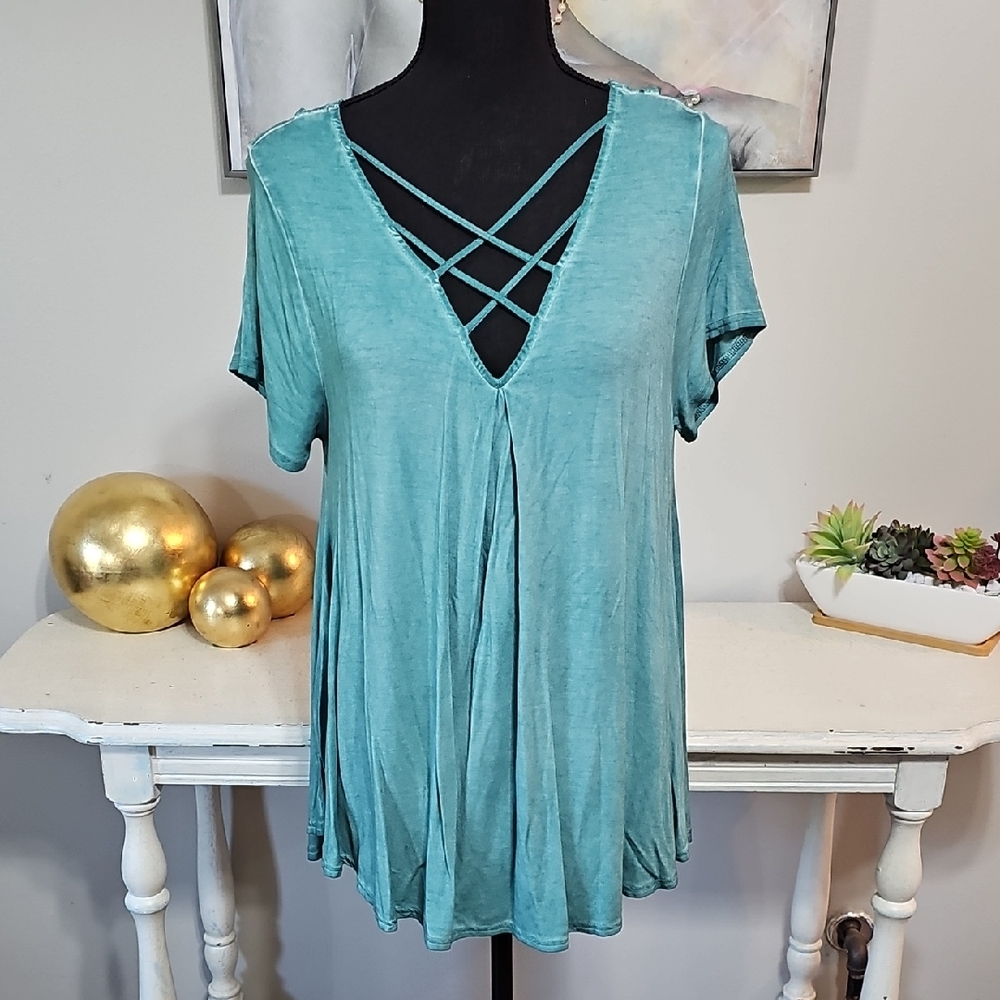 💎 Umgee Teal Mineral Wash Strappy Neck Lace Back Top Medium